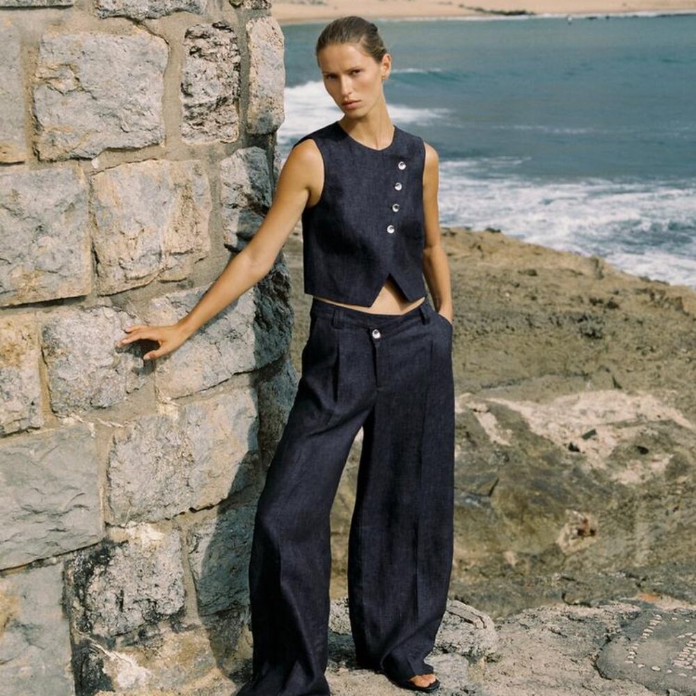 NWT ZARA 2 PIECES SET DOUBLE-BREASTED 100% LINEN VEST & WRAP WAIST PANTS XS